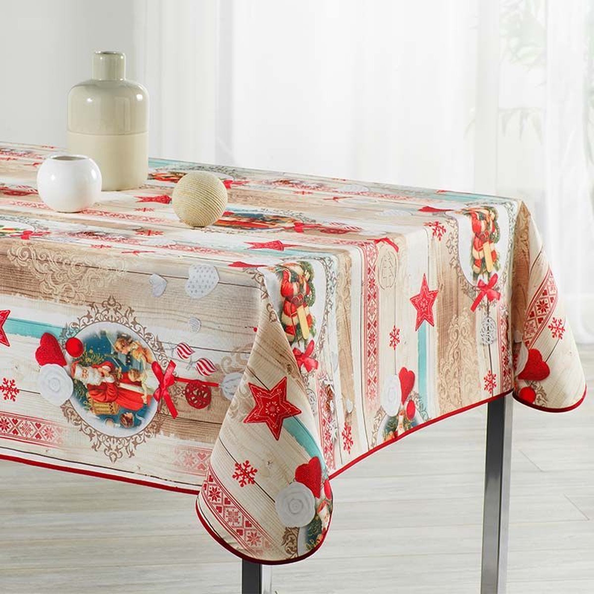 Kersttafelkleed kerstman retro houtlook 240 x 148